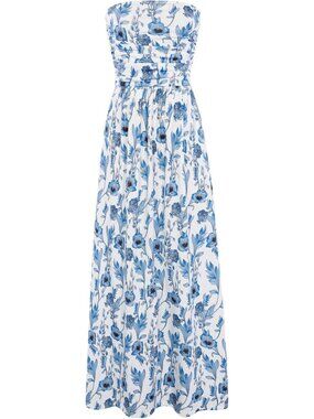 Women's Maxi Dress White Blue Floral Strapless Neck Sleeveless A LINE Summer